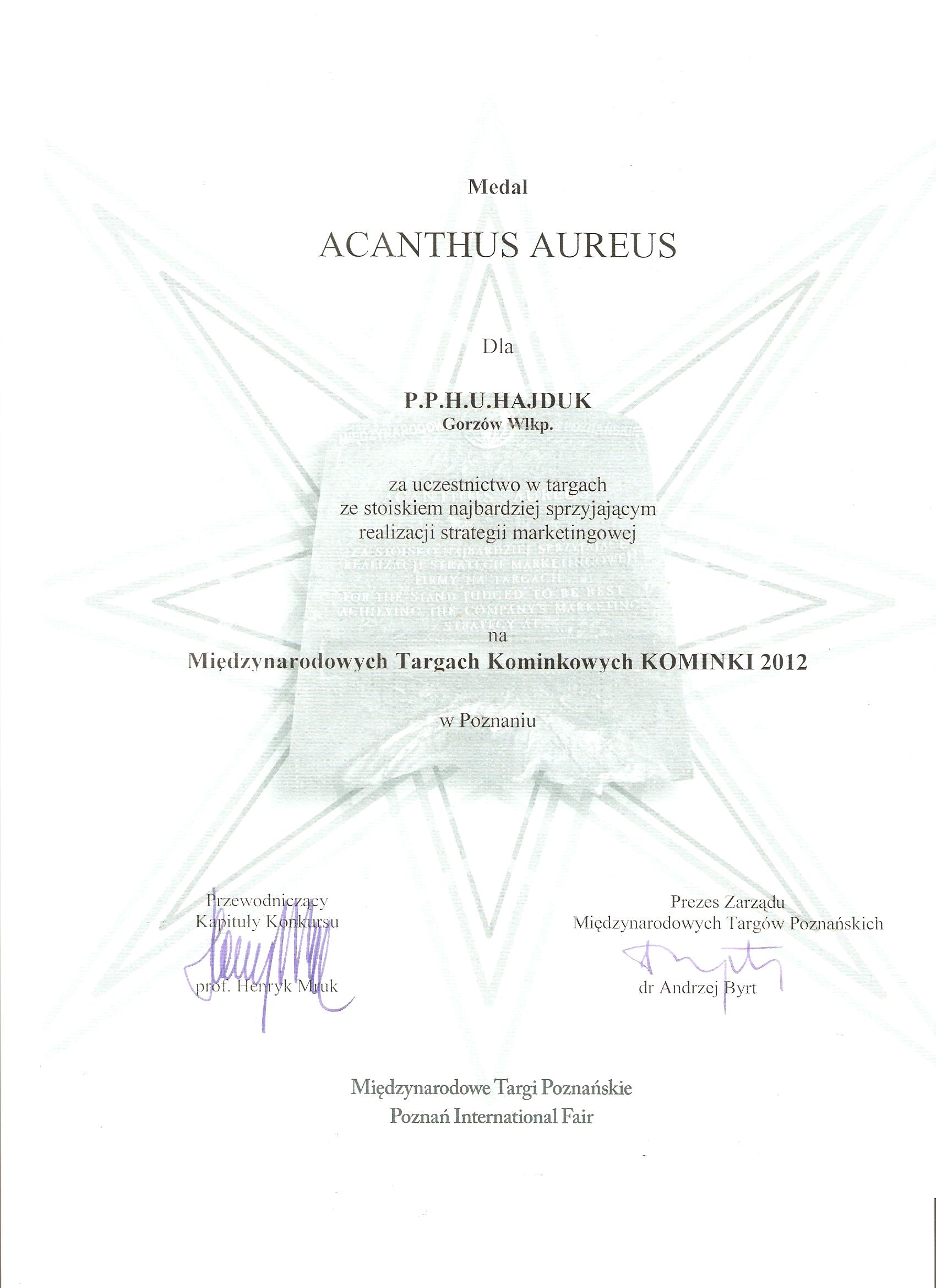Dyplom Acanthus Aureus 2012